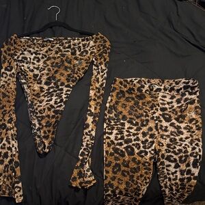 Sexy Leopard Print Long Sleeve Bodysuit and Pants Set